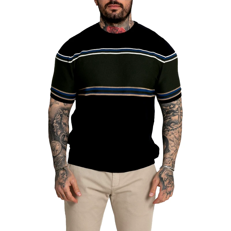 ROBERTO COLLINA Ανδρικό Μπλε Panel Stripe Knit T-Shirt/Dark Navy Blue ROBERTO COLLINA