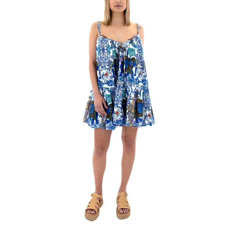 AUGUST RESORTWEAR PRINTED SLEEVELESS RUFFLE MINI DRESS WOMEN AUGUST