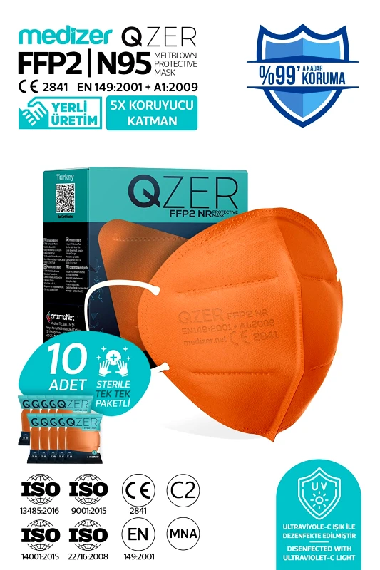QZER - MEDIZER Μάσκα Υψηλής Προστασίας FFP2/N95 QZER Πορτοκαλί | 10τμχ