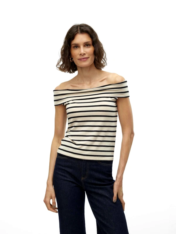 AWARE by VERO MODA Μπλούζα ριγέ με ανοιχτούς ώμους AWARE by Vero Moda 10307367 - Μπεζ/Μαύρο