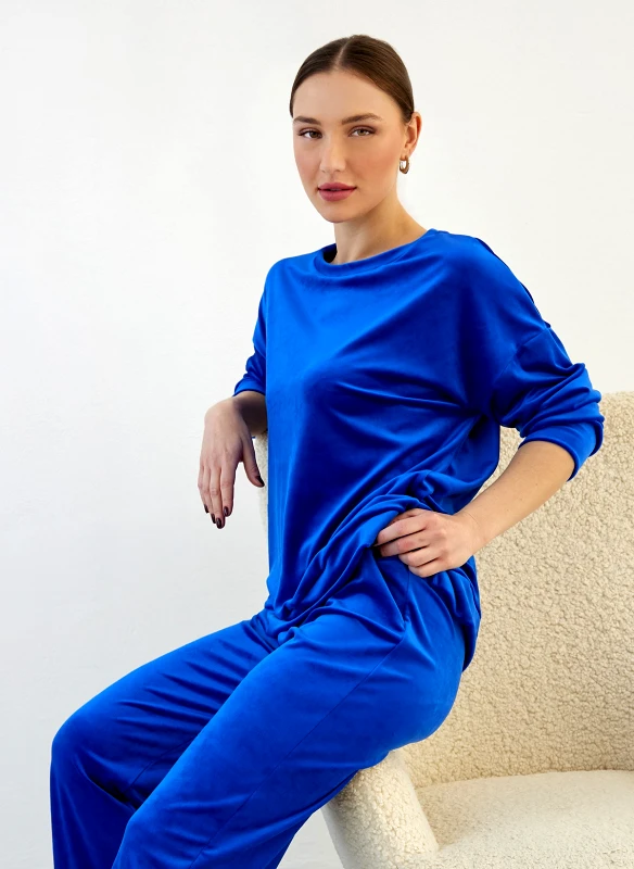 New Collection Σετ φόρμες βελουτέ με ανοίγματα στη μπλούζα - Μπλε
