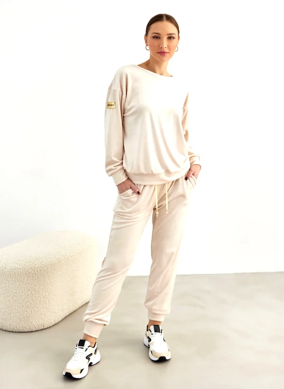 New Collection Σετ φόρμες βελουτέ με κορδέλα στη μέση - Μπεζ