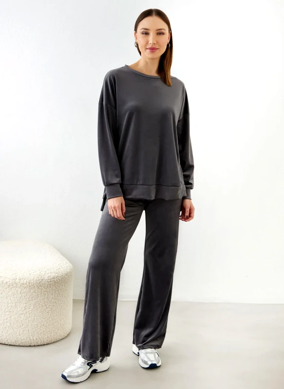 New Collection Σετ φόρμες βελουτέ με ανοίγματα στη μπλούζα - Ανθρακί