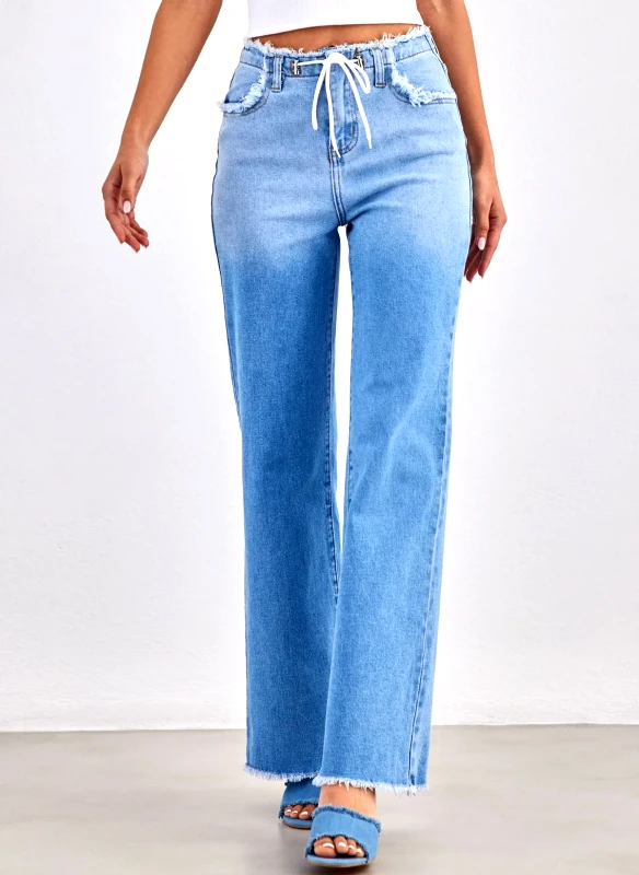 Miss bonbon Παντελόνι τζιν wide leg με ξέφτια - Μπλε jean