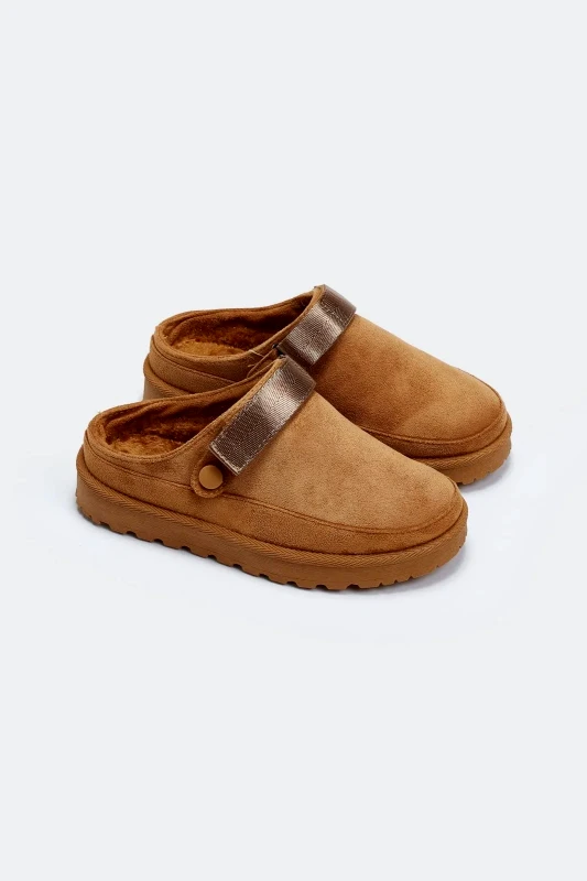 ERYNN Παντόφλες suede με velcro και συννθετική γούνα ERYNN - Κάμελ