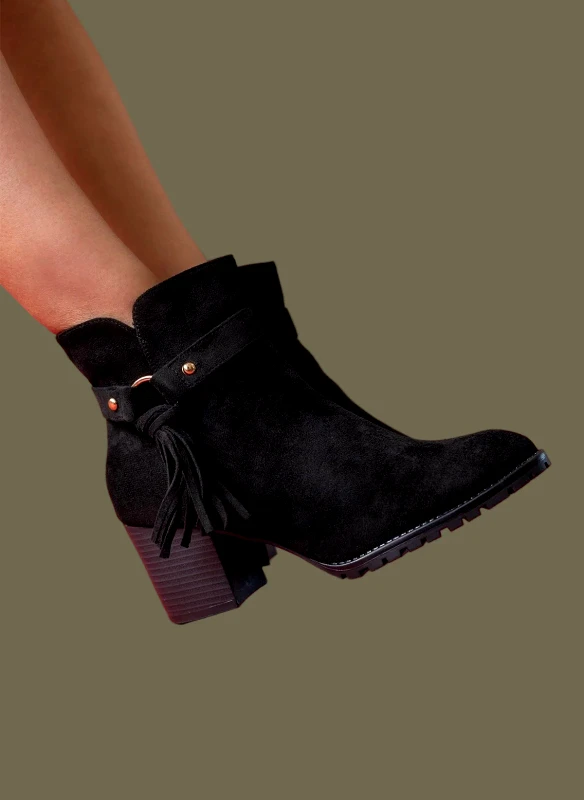 The Fashion Project Suede Ankle Boots with Fringes - 2609 - Μαύρο
