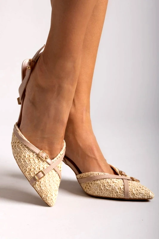 Ideal shoes Ideal shoes Straw Pointed Slingback Pumps - 8750 - Μπεζ