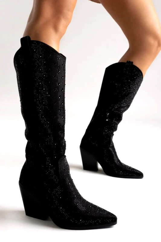 Stephan Stephan Crystal Cowboy Boots - C-295 - Black Suede