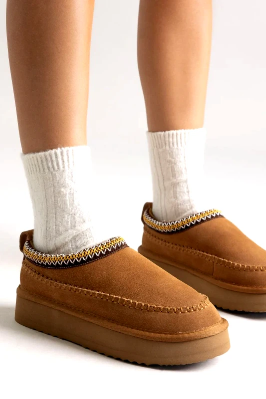 KELARA KELARA Fur Lined Winter Slippers - K51312 - Camel Suede