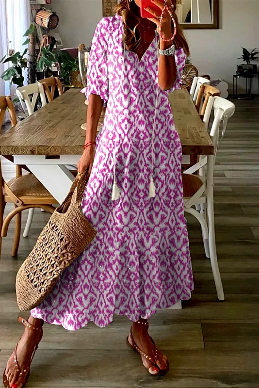 AMELY ΑΜΕΣΑ ΔΙΑΘΕΣΙΜΟ: λιλά boho καθημερινό μάξι φόρεμα με V ντεκολτέ ANTONIETTA PINK