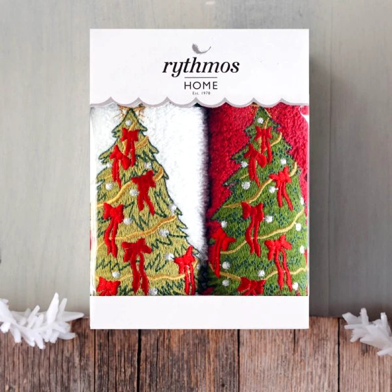 Rythmos Rythmos Christmas Terry Gift Set (2 Ελατο) Χεριων 2Χ(30Χ50) Κοκκινο-Λευκο