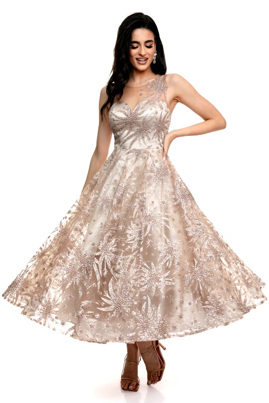 Εντυπωσιακό Φόρεμα Μίντι Ρετρό με Στρας και Φλοράλ Διακοσμήσεις