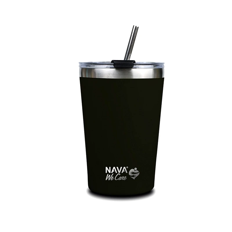 Nava Θερμός Ποτήρι Με Ανοξείδωτο Καλαμάκι We Care Μαύρο 450ml Nava (10-262-114)