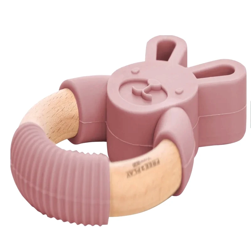 FreeOn FreeOn Μασητικό Απαλής Σιλικόνης Mε Ξύλο Bunny Pink (49485)