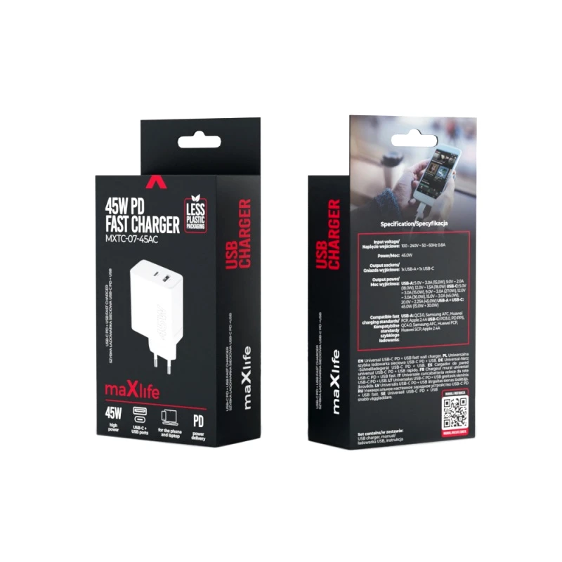 OEM Maxlife PD QC Φορτιστής 1x USB-C 1x USB 45W Λευκό (MAXLIFE1035)