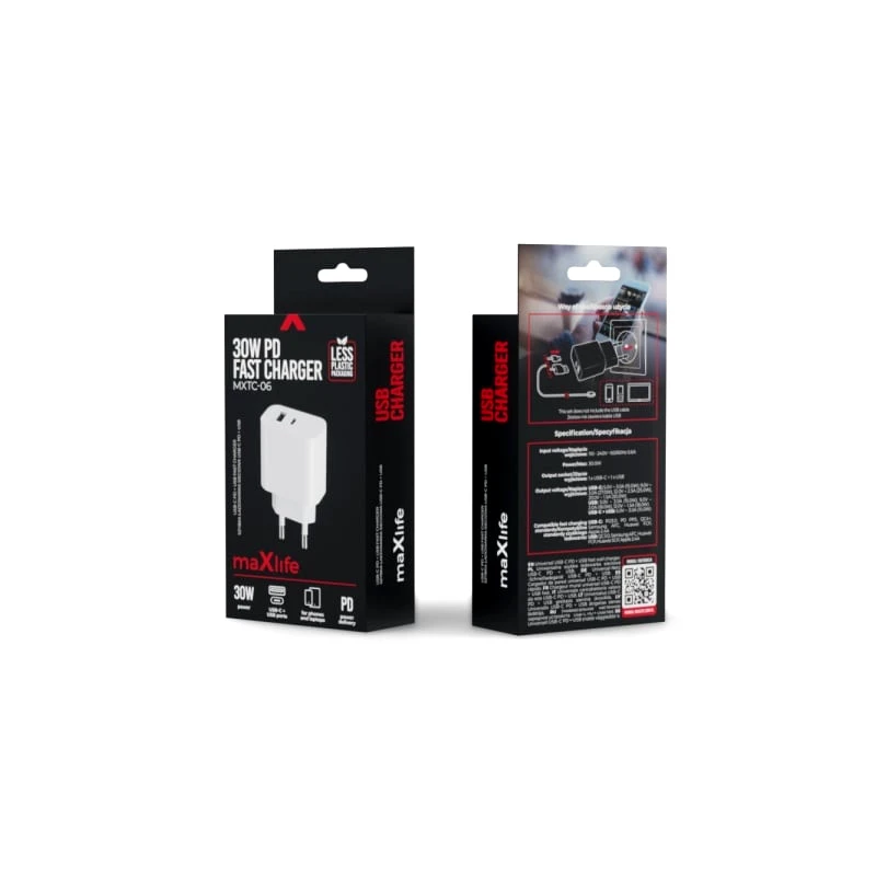 OEM Maxlife PD QC Φορτιστής 1x USB-C 1x USB 30W Λευκό (MAXLIFE1034)