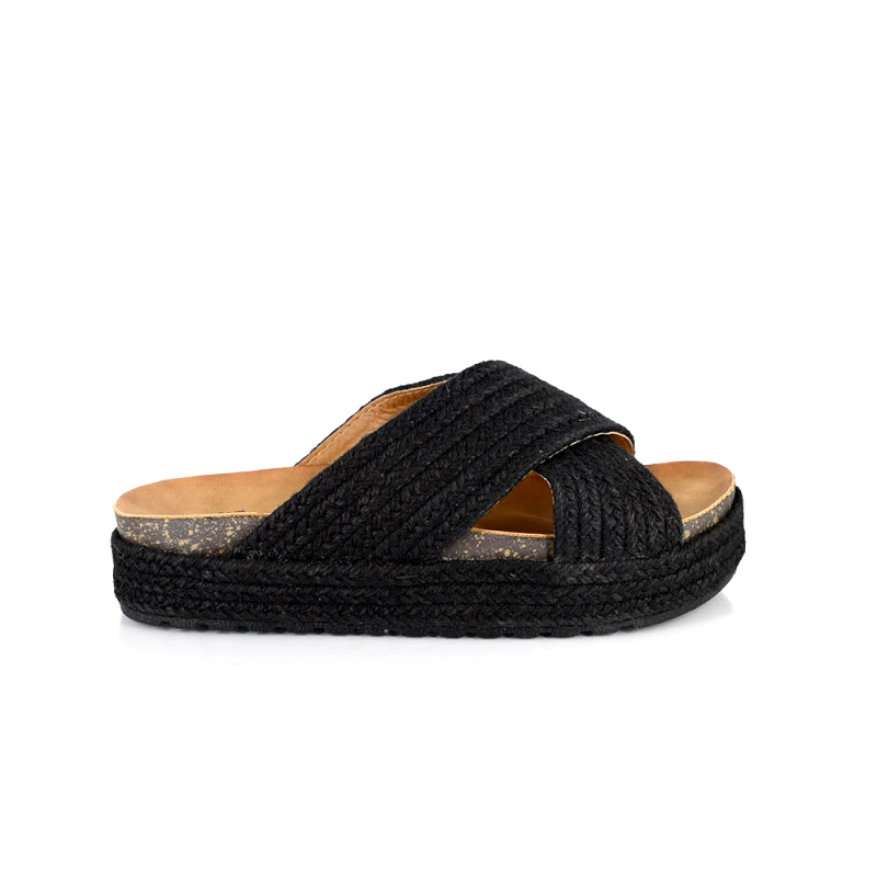 Malesa Γυναικείο Flatform Χιαστί με Ψάθα Black