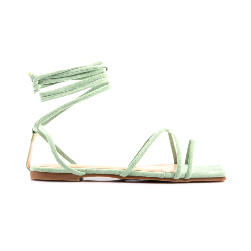 Malesa Γυναικείο Φλάτ Σανδάλι Suede με Κορδόνια Green