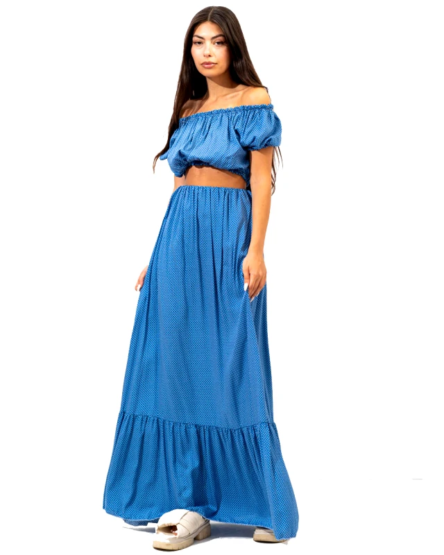 BELTIPO Γυναικείο σετ crop top με σούρες και maxi φούστα με βoλάν πουά