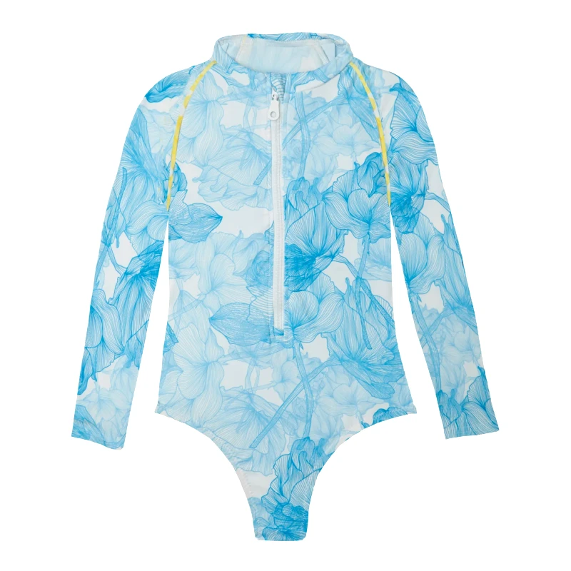 MARIE RAXEVSKY GIRL'S ONE PIECE LONG SLEEVE FLOWERS BLUE