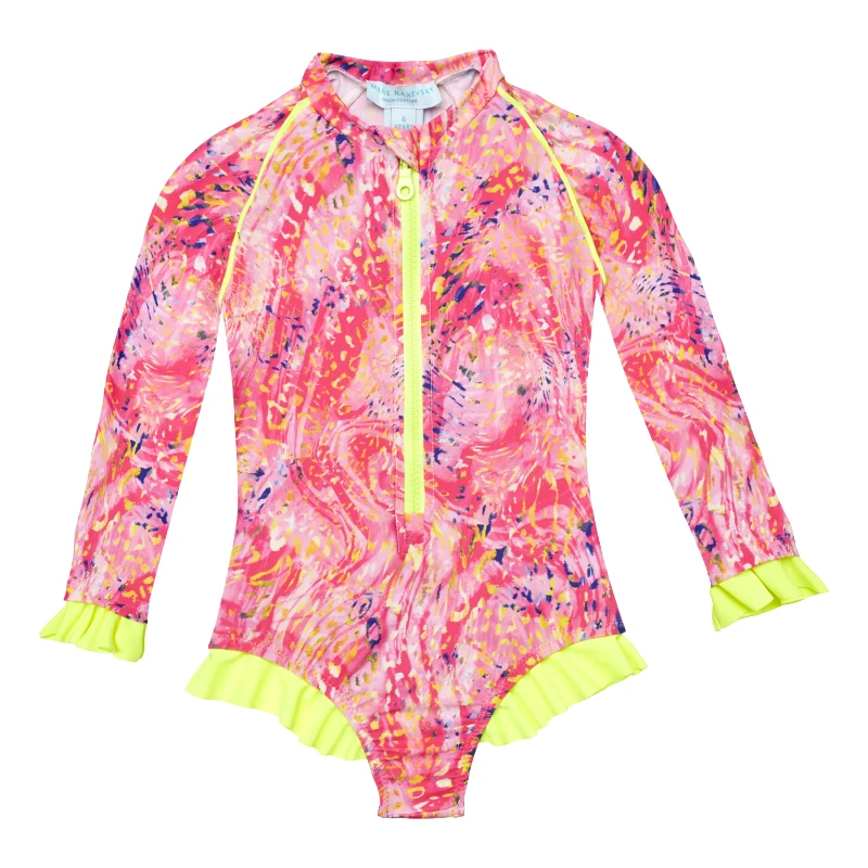 MARIE RAXEVSKY GIRL'S ONE PIECE LONG SLEEVE RUFFLES SPLASH