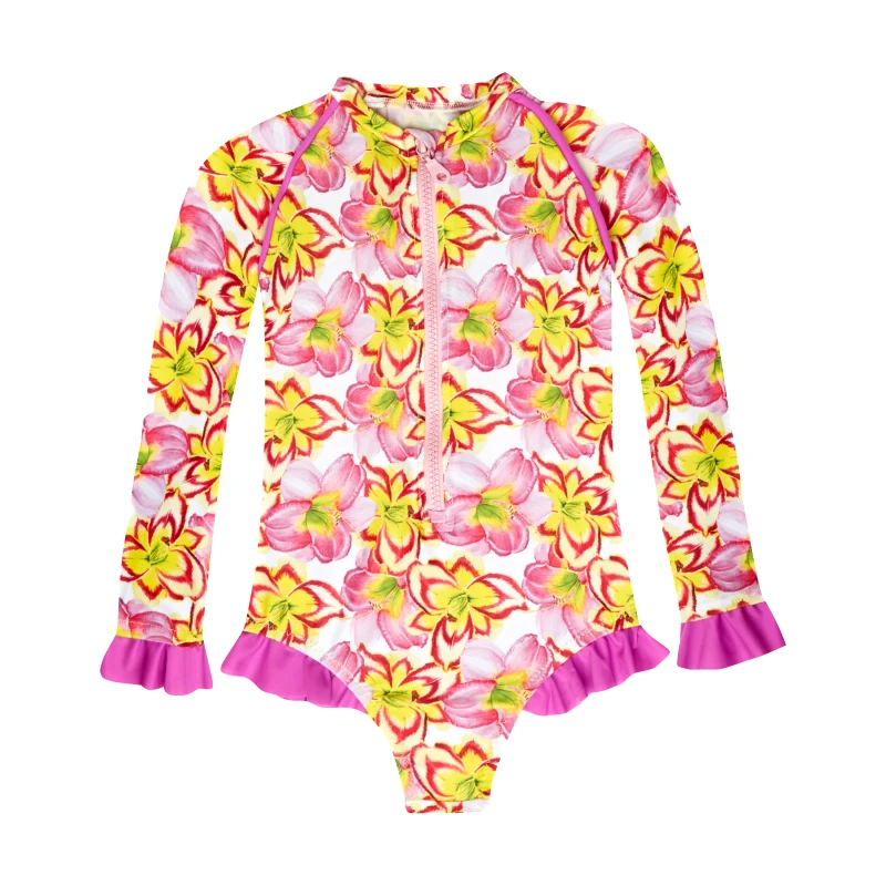 MARIE RAXEVSKY GIRL'S ONE PIECE LONG SLEEVE RUFFLES YELLOW LILIES