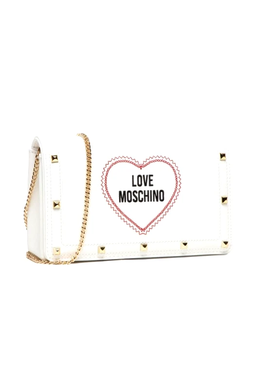 LOVE MOSCHINO Τσαντάκι άσπρο χιαστί με αλυσίδα και σχέδιο καρδιά