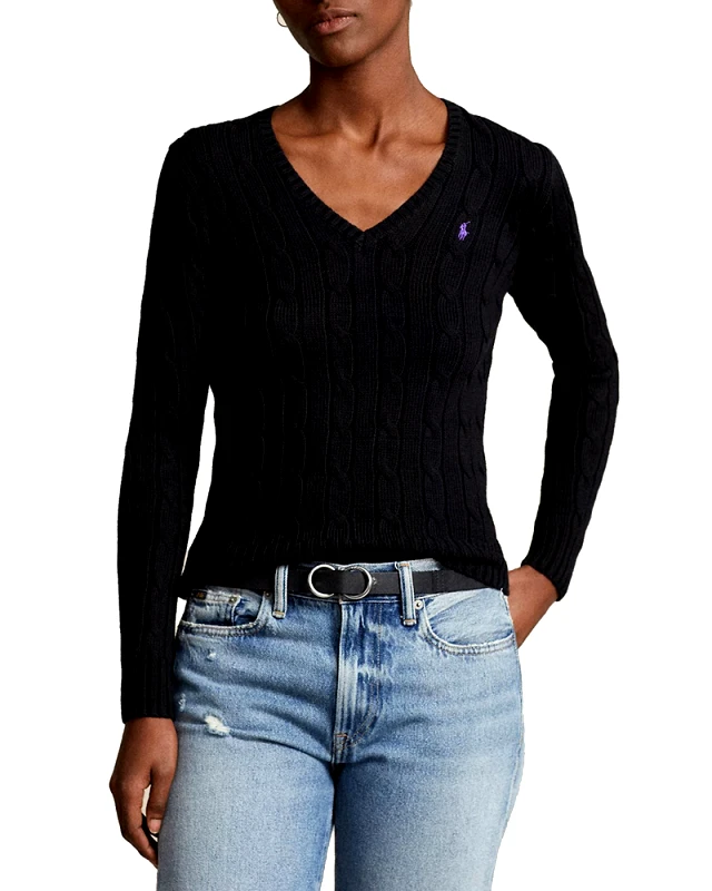 POLO RALPH LAUREN ΓΥΝΑΙΚΕΙΟ ΠΛΕΚΤΟ PULLOVER POLO RALPH LAUREN KIMBERLY CABLE KNIT COTTON V-NECK BLACK POLO RALPH LAUREN
