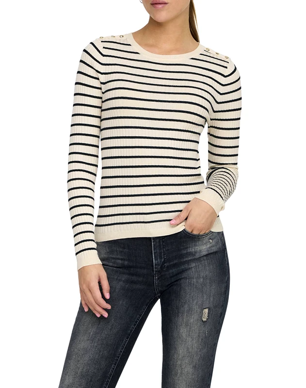ONLY ONLY ONLMILA LS STRIPE BUTTON O-NECK CC KNT 15335111-Birch Biege