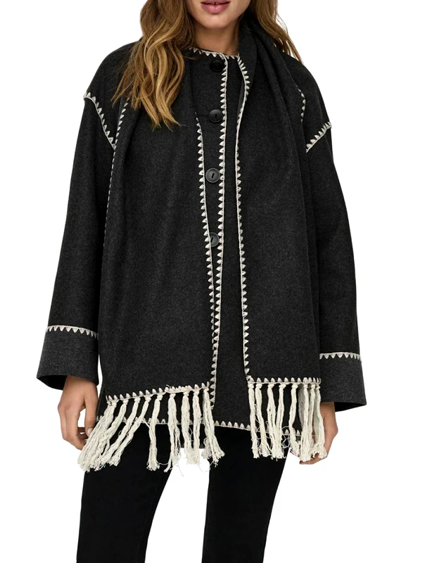 ONLY ONLY ONLELBA LIFE SCALLOP EDGE SCARF COAT OTW 15322422-Dark Grey Melange DarkGray