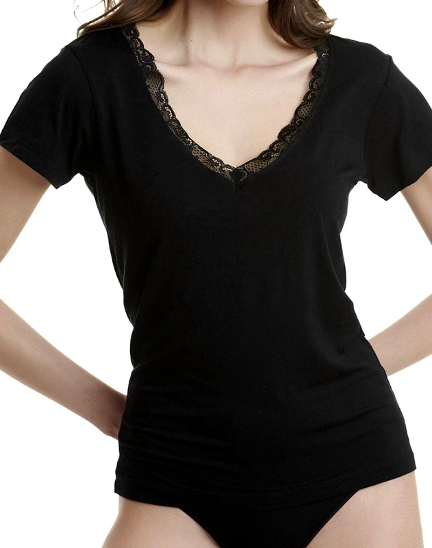 WALK WALK ΓΥΝΑΙΚΕΙΟ V-NECK T-SHIRT ΔΑΝΤΕΛΑ/BAMBOO W2208-02/ΜΑΥΡΟ Black