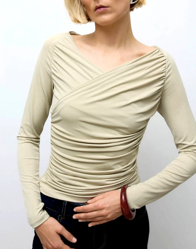 AWARE BY VERO MODA AWARE BY VERO MODA AWSOPHIA LS V-NECK WRAP TOP 10331046-Moss Gray Biege