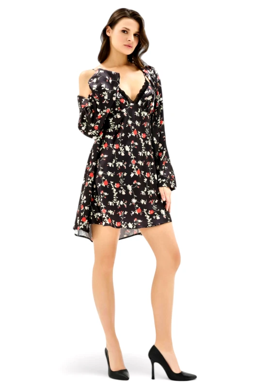 Moongirl Σετ Ρόμπα - Νυχτικό σατέν Moongirl Black Floral MG904-Μαύρο