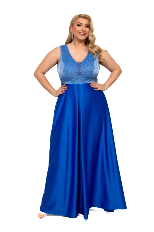 AXNARI ΦΟΡΕΜΑ PLUS SIZE ΜΑΚΡΥ ΣΑΤΕΝ ΜΠΛΕ ΡΟΥΑ ΜΠΛΕ ΡΟΥΑ