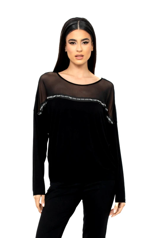 AXNARI ΜΠΛΟΥΖΑ PLUS SIZE ΒΙΣΚΟΖ ΜΕ ΣΤΡΑΣ ΚΑΙ ΔΙΑΦΑΝΕΙΑ ΜΑΥΡΟ