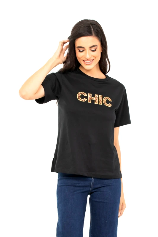 AXNARI T-SHIRT ΜΕ ΤΥΠΩΜΑ CHIC ΜΑΥΡΟ ΜΑΥΡΟ