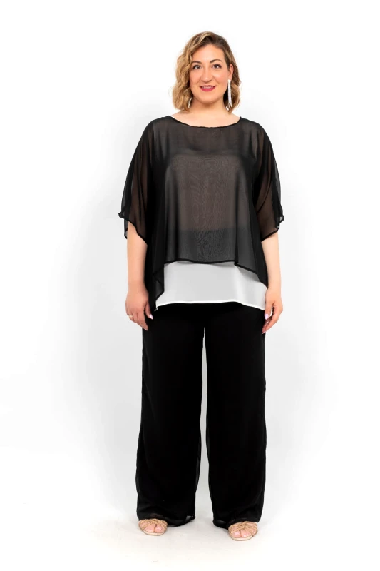 AXNARI ΜΠΛΟΥΖΑ PLUS SIZE ΜΟΥΣΕΛΙΝΑ ΔΙΠΛΗ ΜΑΥΡΗ ΜΑΥΡΟ