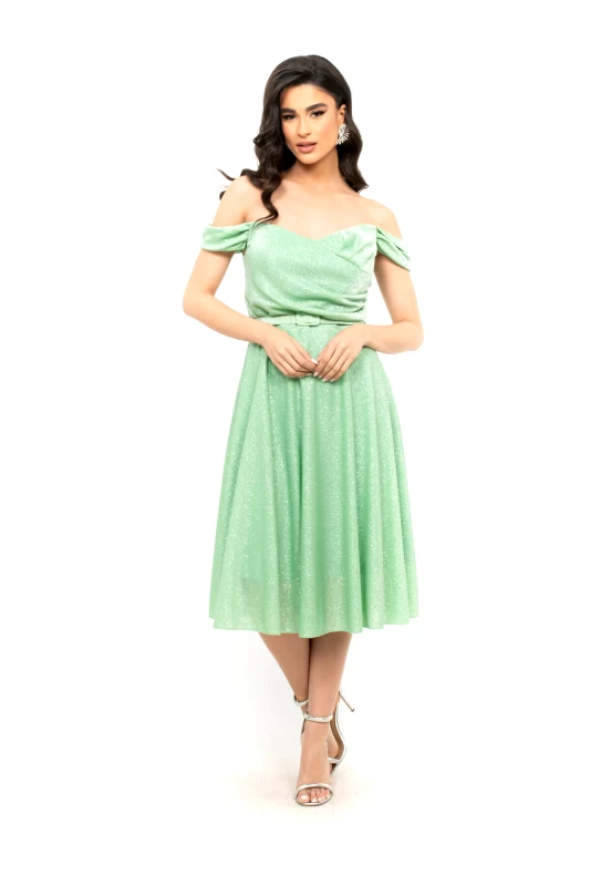 AXNARI ΦΟΡΕΜΑ PLUS SIZE ΜΙΝΤΙ GLOSSY OFF SHOULDER ΜΕΝΤΑ ΜΕΝΤΑ