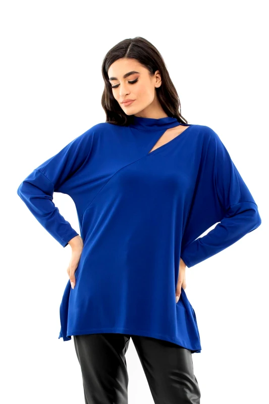 AXNARI ΜΠΛΟΥΖΑ PLUS SIZE ΕΛΑΣΤΙΚΗ ΜΕ ΑΝΟΙΓΜΑ ΜΠΛΕ ΡΟΥΑ