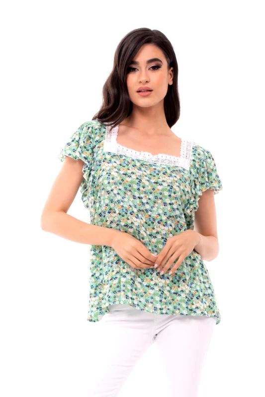AXNARI ΜΠΛΟΥΖΑ PLUS SIZE ΕΜΠΡΙΜΕ ΜΕ ΔΑΝΤΕΛΑ ΣΤΟ ΛΑΙΜΟ MULTICOLOR