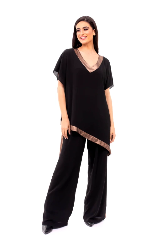 AXNARI ΣΕΤ PLUS SIZE ΠΟΥΚΑΜΙΣΑ - ΠΑΝΤΕΛΟΝΑ ΜΕ ΦΑΣΕΣ ΛΟΥΡΕΞ ΜΑΥΡΟ