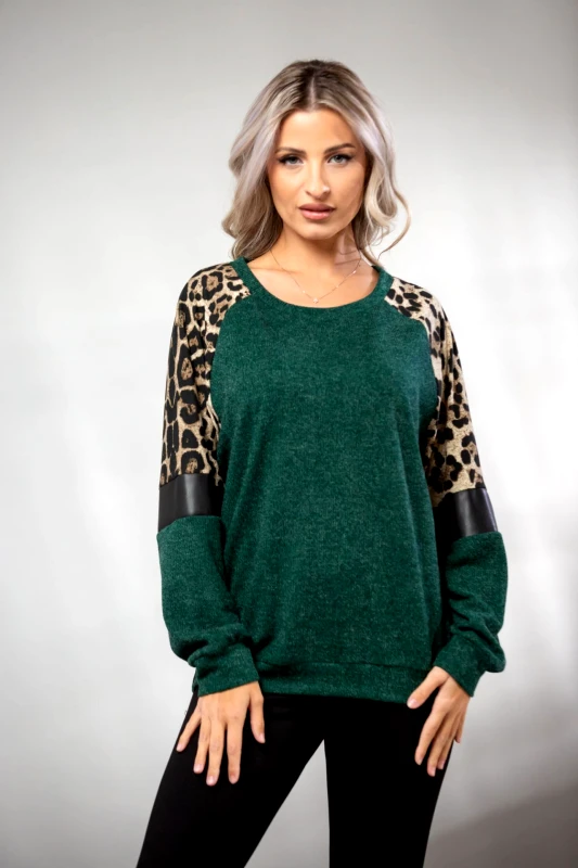 Boutique ΜΠΛΟΥΖΑ ΤΡΙΧΡΩΜΗ ΜΕ ΔΕΡΜΑΤΙΝΕΣ ΛΕΠΤΟΜΕΡΕΙΕΣ ΚΑΙ ΛΕΟΠΑΡ ΣΕ ΠΛΕΚΤΟ Μπλε