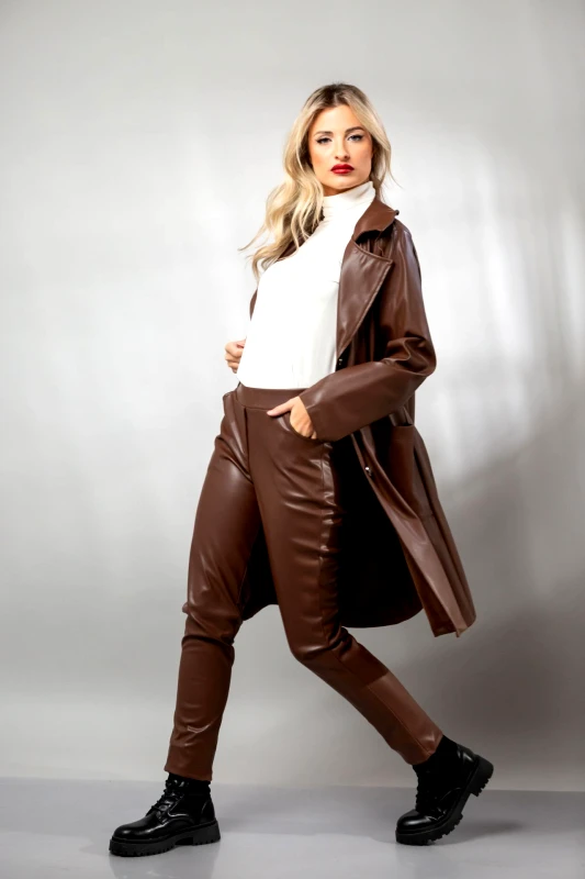 Boutique ΠΑΛΤΟ ΔΕΡΜΑΤΙΝΗ ΜΕ ΚΟΥΜΠΙΑ Ταμπά
