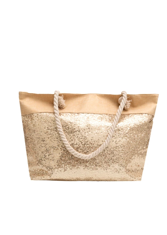 Interhat Beige beach bag with gold sequins Μπεζ