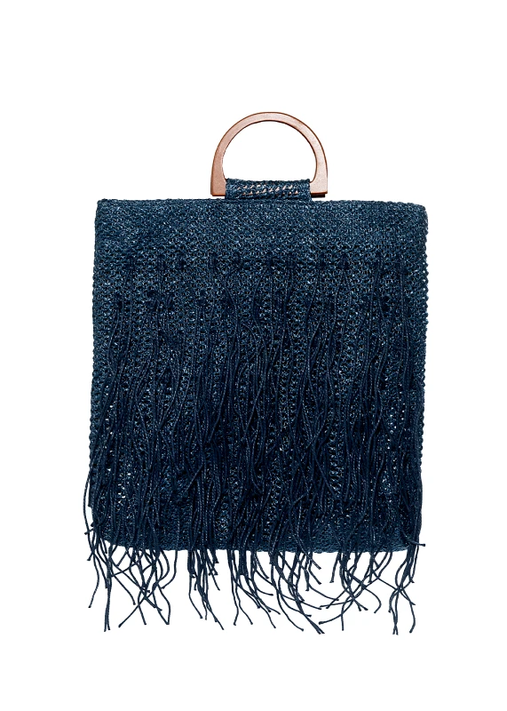 Interhat Straw bag with fringes in navy blue Μπλε
