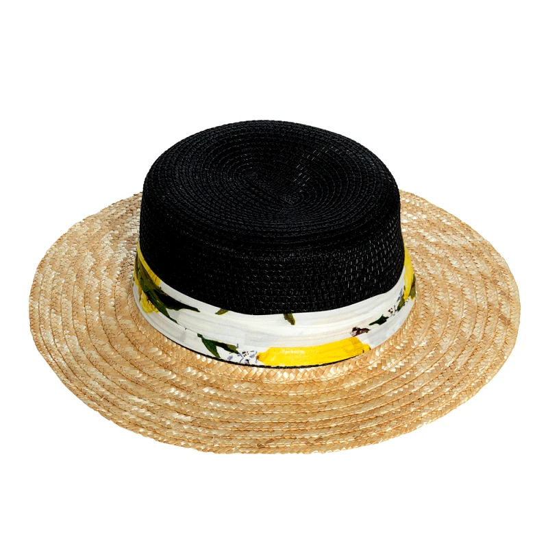 Interhat Black & beige straw hat with ribbon Εμπριμέ μαύρο