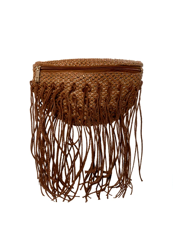 Interhat Straw belt bag with fringes in brown Καφέ