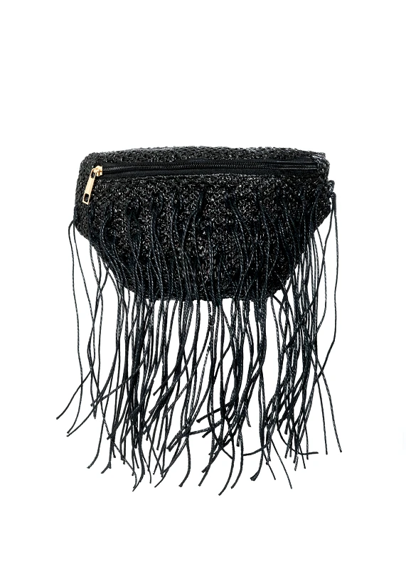 Interhat Straw belt bag with fringes in black Μαύρο