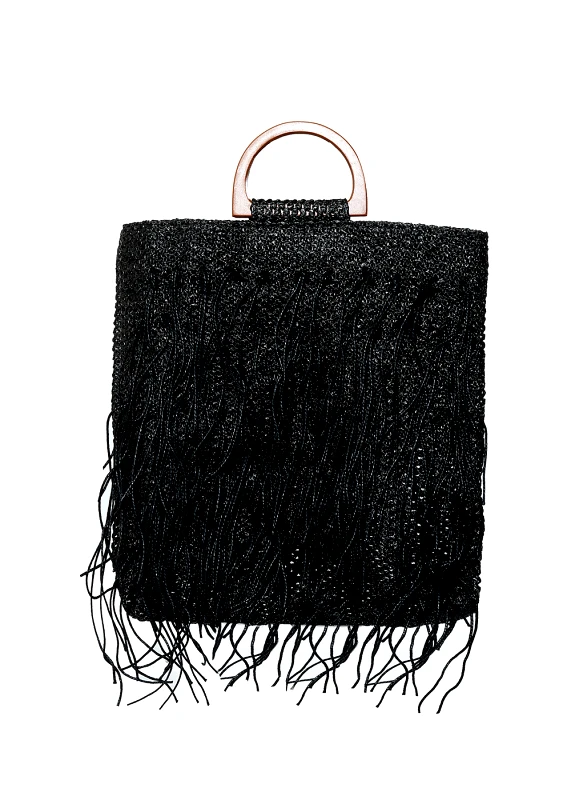 Interhat Straw bag with fringes in black Μαύρο