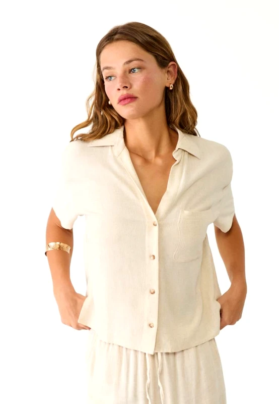 Stradivarius Stradivarius Πουκάμισο Κοντό Μανίκι Με Λινό Πέτρα L